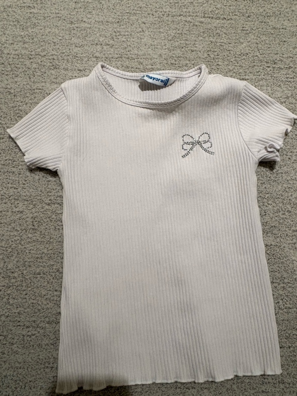 Mayoral white Ribbed Short Sleeve Top with Rhinestone Bow